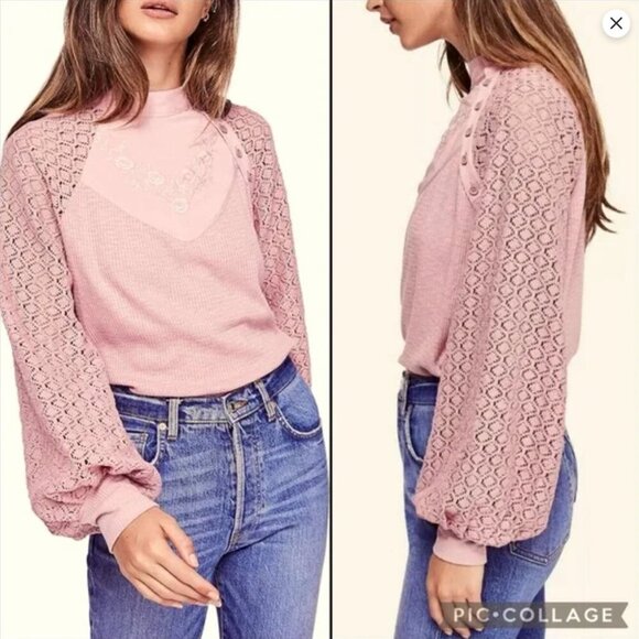 Free People Women's Small Dusty Rose Embroidered Crochet Waffle Knit Blouse Top - Picture 15 of 16